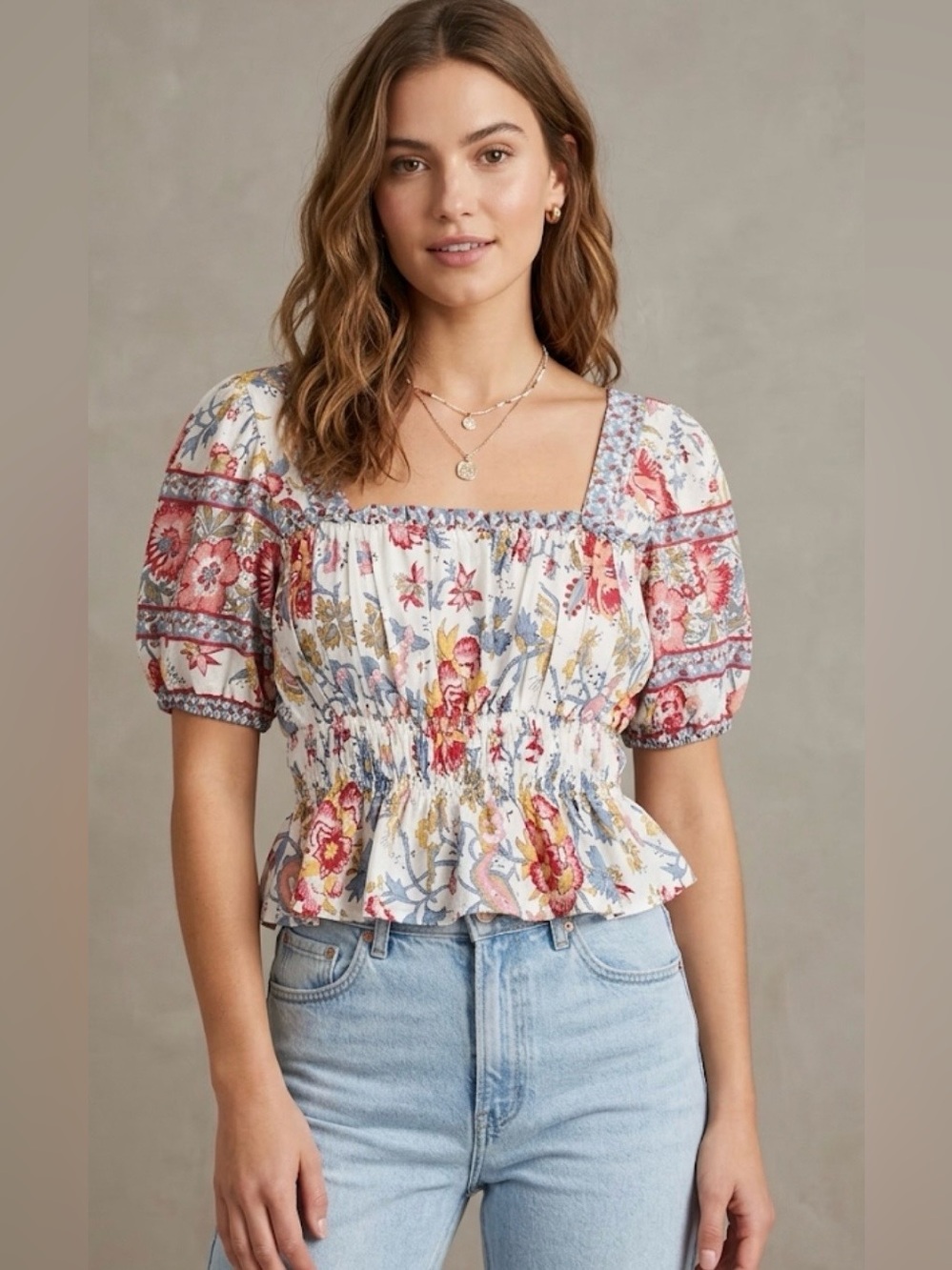 Nicole Miller floral cropped blouse puffed sleeves smocked elasticated waist M
